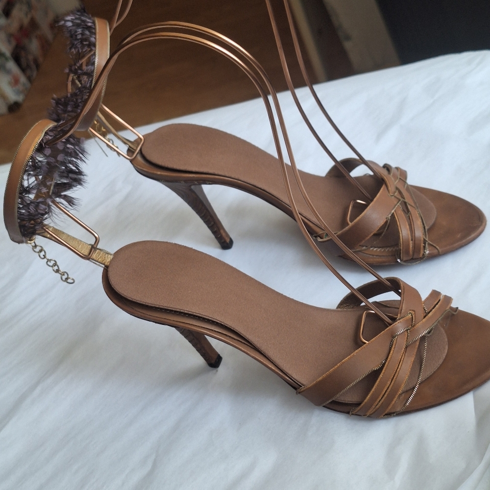 BOTTEGA VENETA TLC Tan Stiletto Heel Strappy Sandals Size 37/US 7 - Picture 4 of 14
